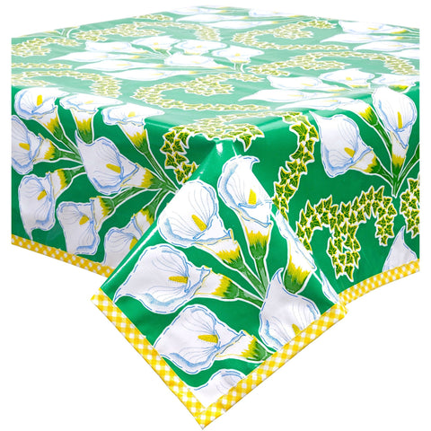 calla lily green oilcloth tablecloth with yellow gingham trim