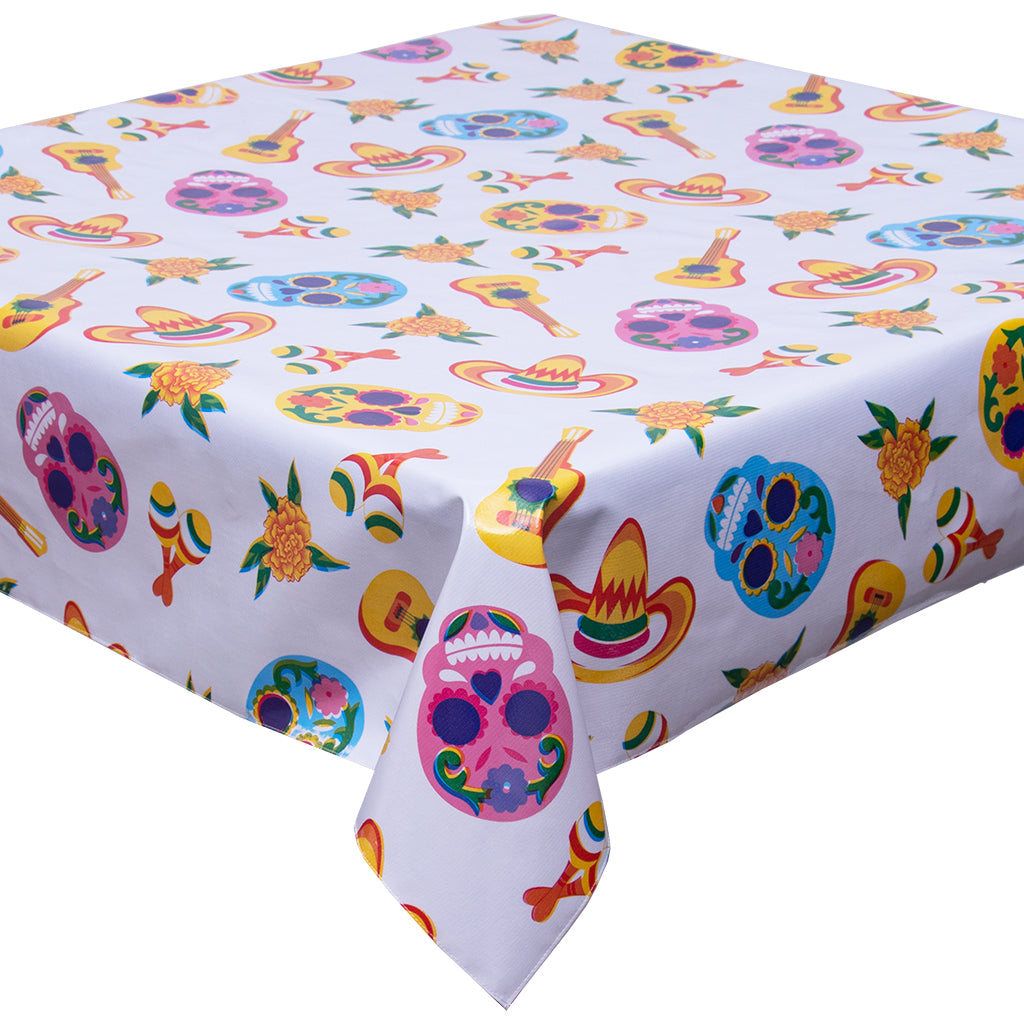 freckled sage skulls on white tablecloth