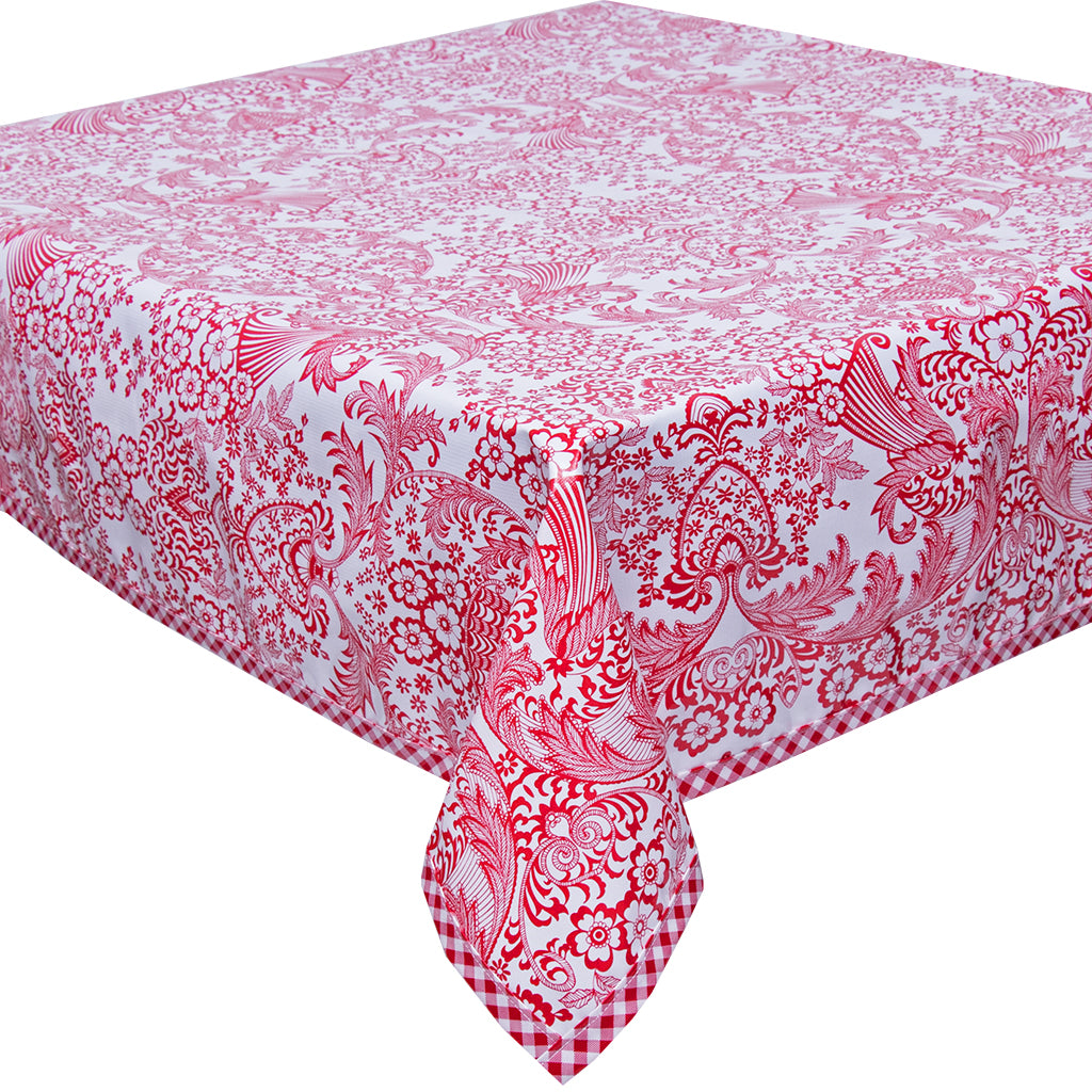 Freckled Sage Oilcloth Tablecloth Red Toile with Red Gingham Trim