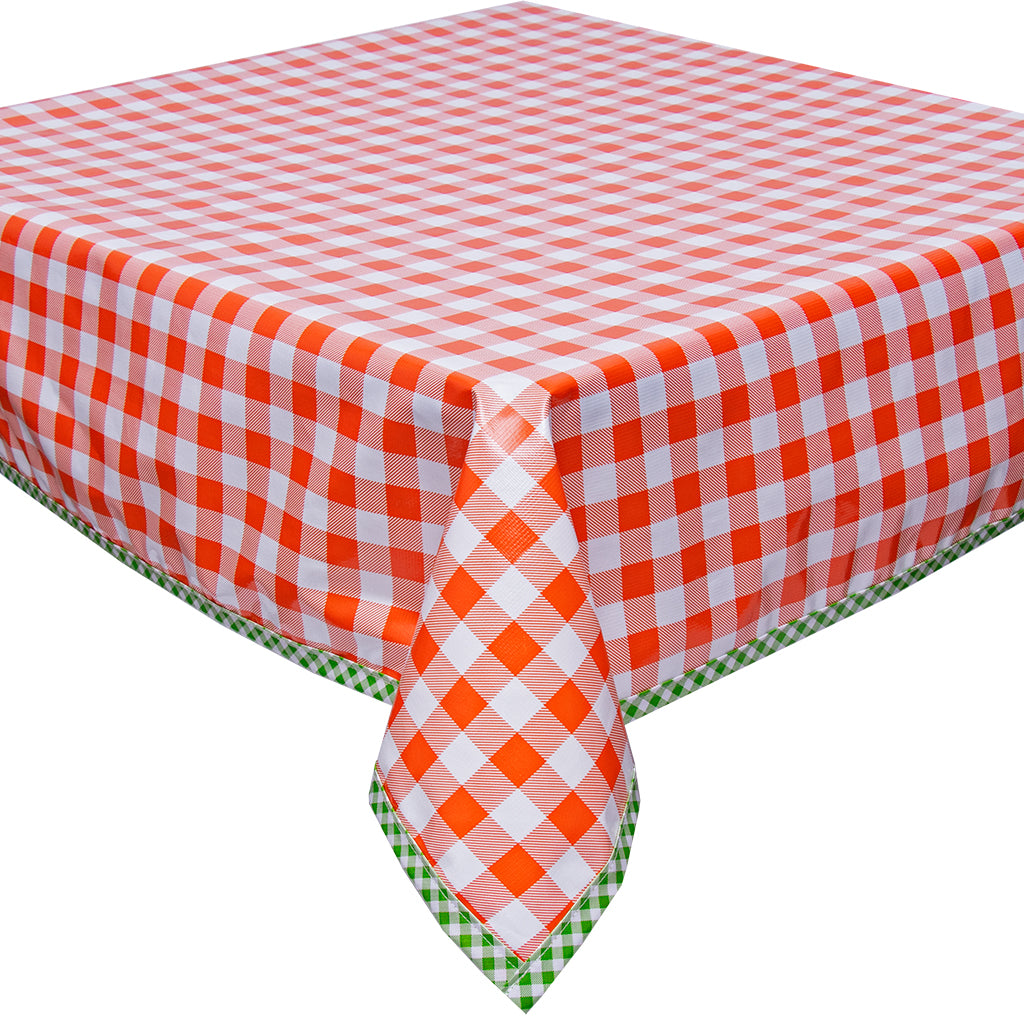 Freckled Sage Oilcloth Tablecloth Large Gingham Orange with Lime Gingham Trim