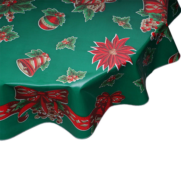 Christmas Oilcloth Tablecloth Bells and Bows on Green Freckled Sage