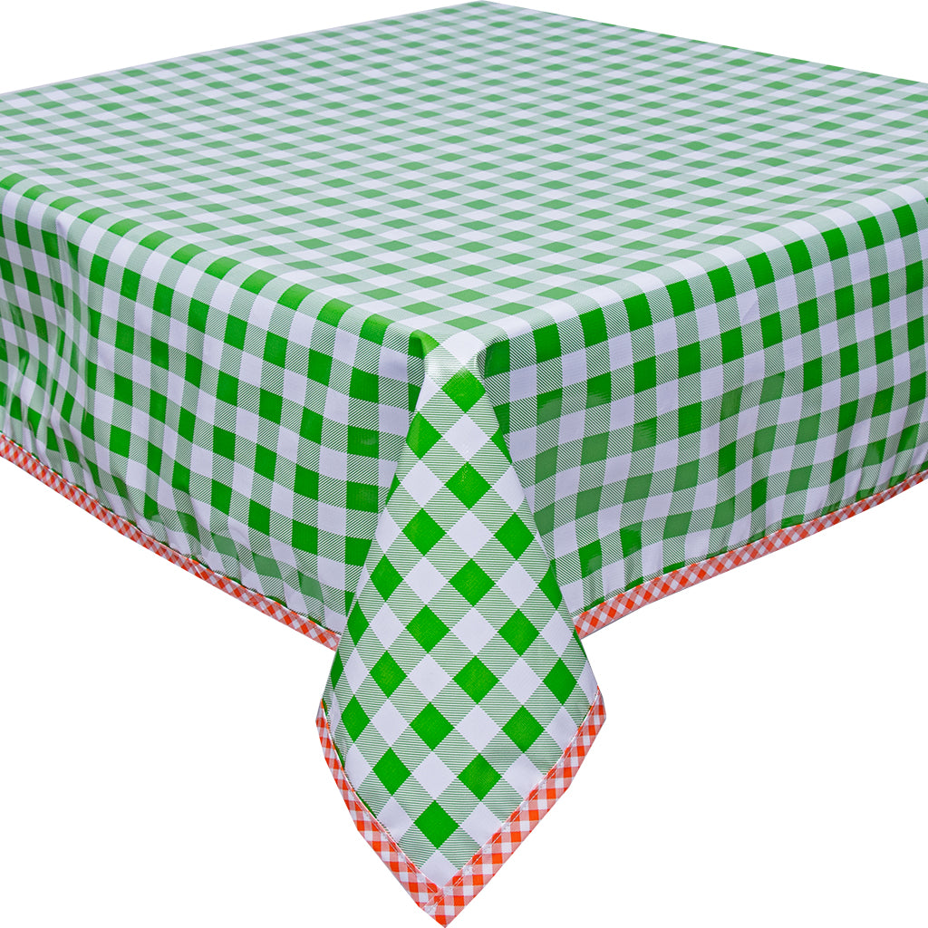 Freckled Sage Oilcloth Tablecloth Large Gingham Lime with Orange Gingham Trim