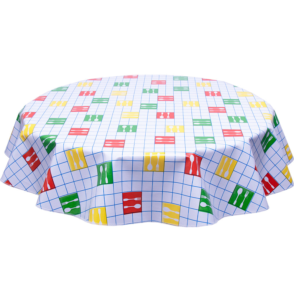 Freckledsage.com Forks and Spoons on Blue Grid Round Oilcloth Tablecloth
