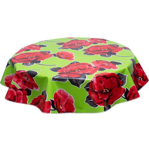 Round oilcloth tablecloth Gardenia on lime