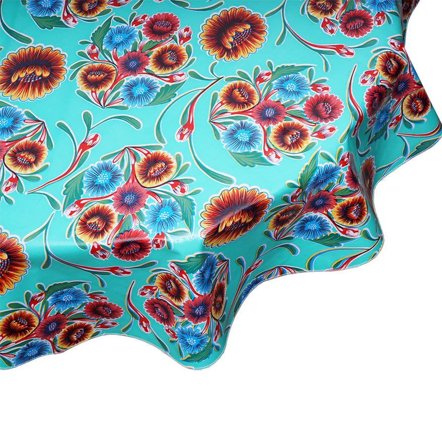 freckled sage aqua bloom round oilcloth tablecloth