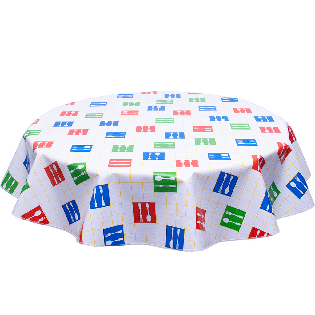 FreckledSage.com Forks and Spoons Yellow Round Oilcloth tablecloth