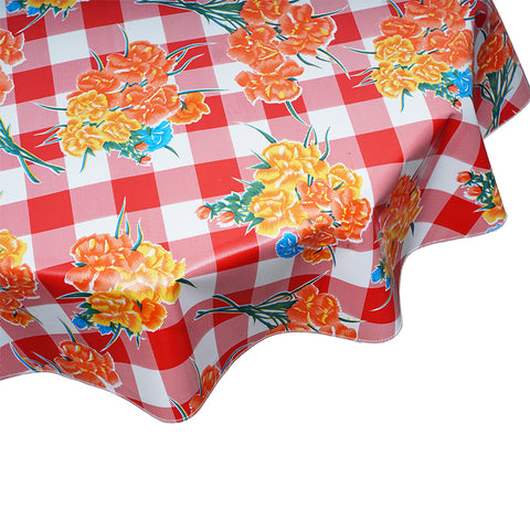 FreckledSage.com Round Tablecloth in Carnations on Red Buffalo Check