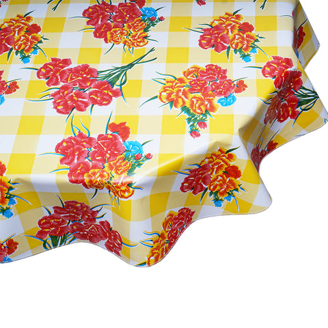 Round Tablecloth Carnations on Yellow Buffalo Check
