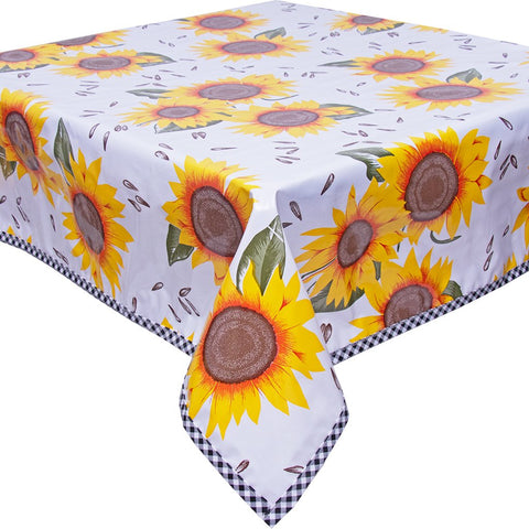 Freckled Sage Oilcloth Tablecloth Sunflowers on solid white with Black Gingham Trim
