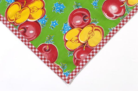 Freckled Sage Oilcloth Tablecloth vintage apples on lime background with small blue flowers and red gingham trim