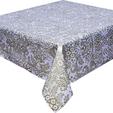 Freckled Sage Gold Toile Tablecloth on white background