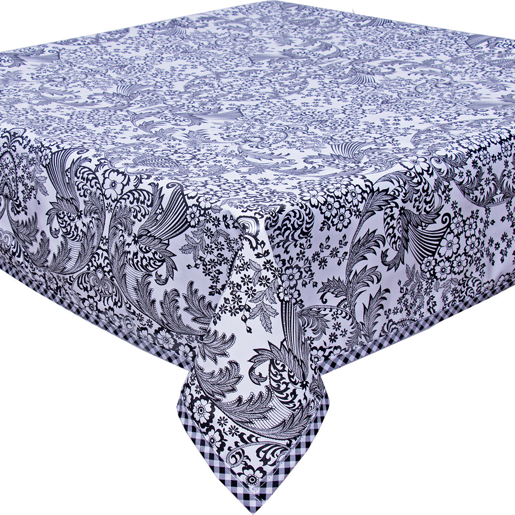 Freckled Sage Oilcloth Tablecloth Black Toile with Black Gingham Trim