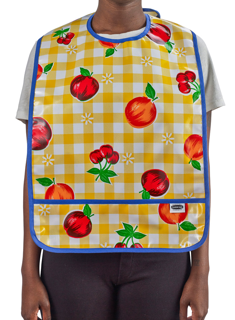 Freckled Sage Oilcloth Adult Bib Fruit and Gingham Yellow 