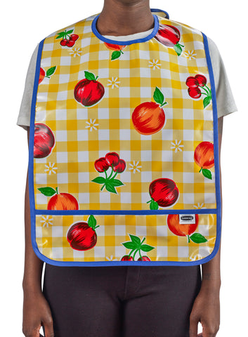 Freckled Sage Oilcloth Adult Bib Fruit and Gingham Yellow 