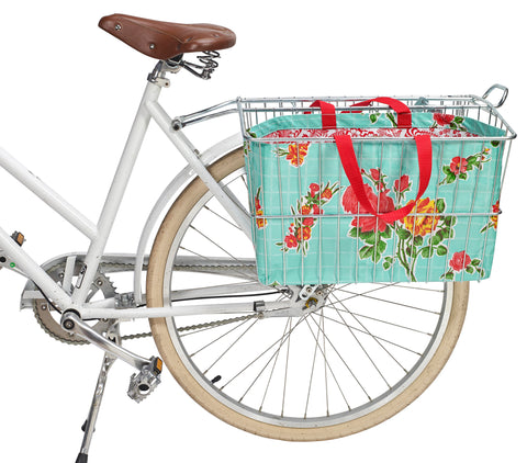 Freckled Sage Oilcloth Bike Basket Tote Roses Aqua