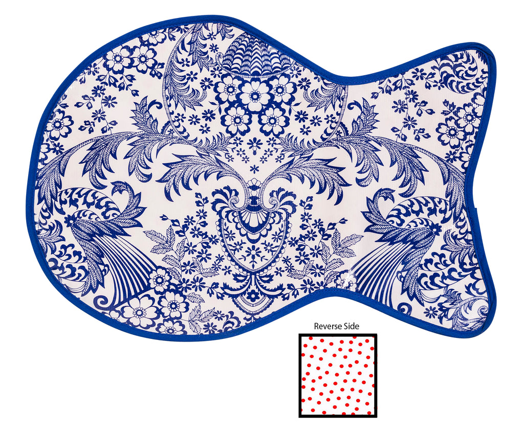 Freckled Sage Oilcloth Cat Mat Blue Toile