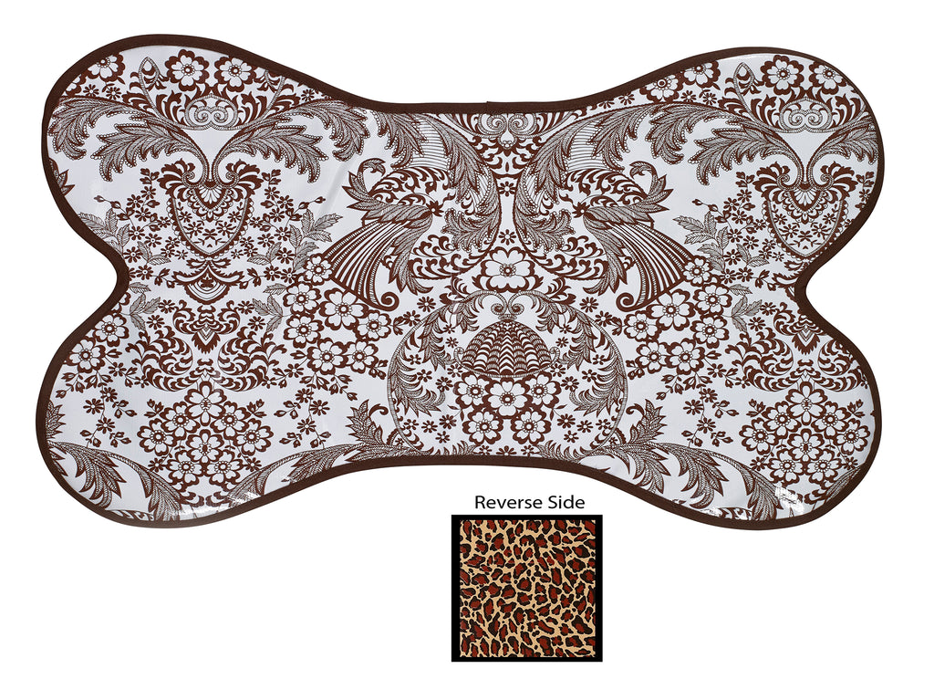 Freckled Sage Reversible Oilcloth Dog Mat in Toile Brown - Leopard Swatch