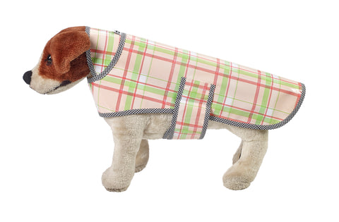 Freckled Sage Oilcloth Doggie Raincoat in Plaid Pink and Lime
