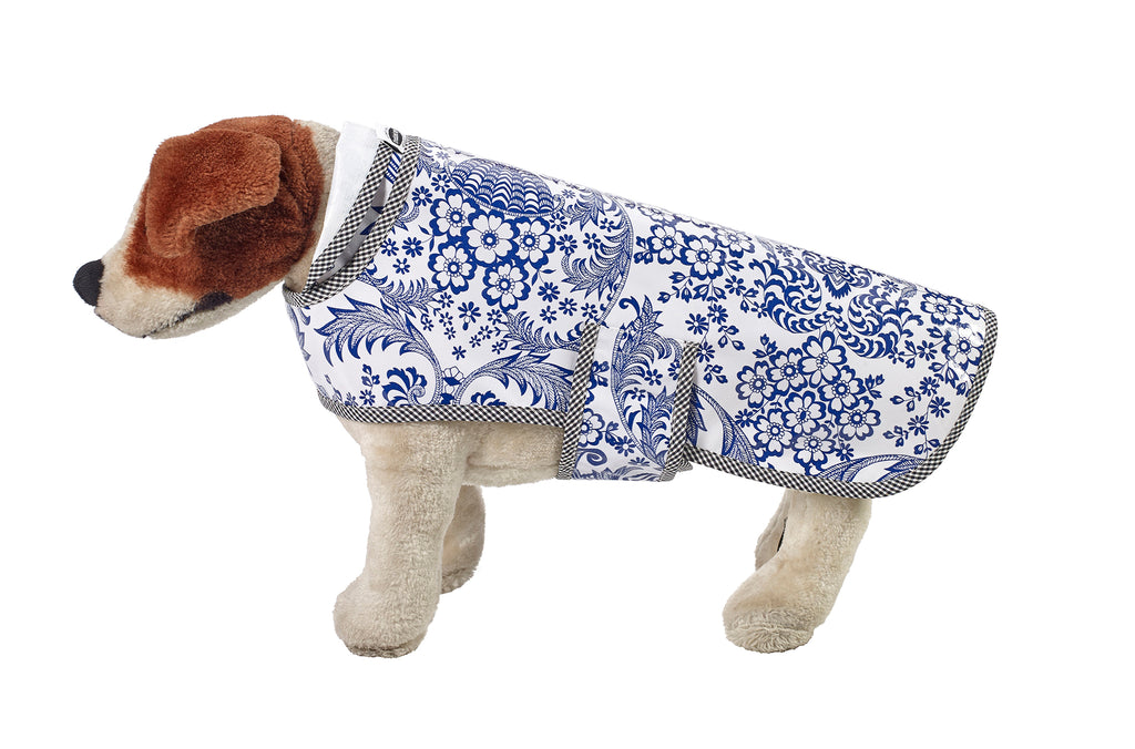 Freckled Sage Oilcloth Doggie Raincoat in Toile Navy