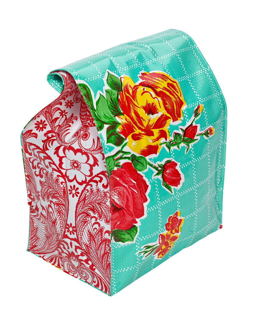 Freckled Sage Oilcloth Lunch Bag Rose and Grid Aqua