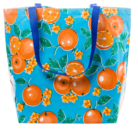 Freckled Sage Oilcloth Market Bag Oranges on Light Blue