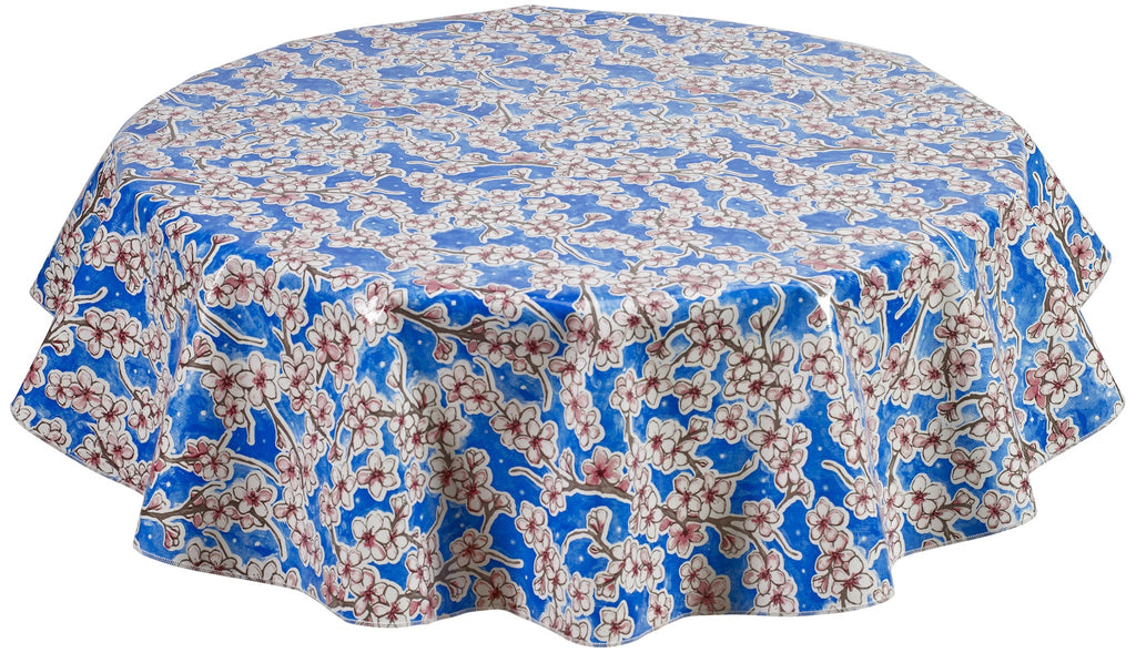 Round Oilcloth Tablecloth in Cherry Blossom Blue