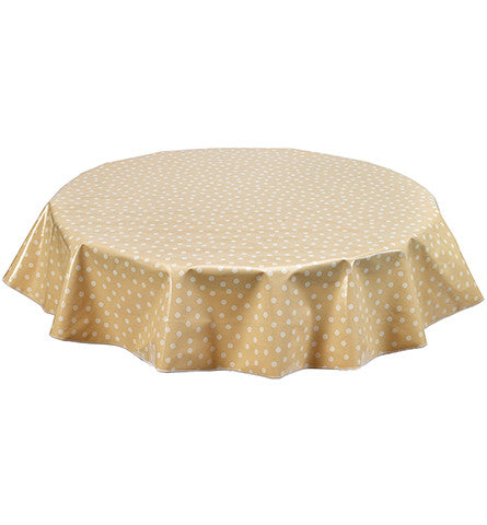 Freckled Sage Round Oilcloth Tablecloth White Dot on Tan