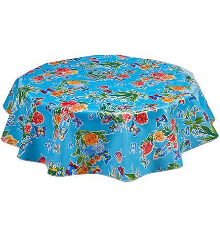 Freckled Sage Round Oilcloth Tablecloth Edgar's Butterfly Light Blue