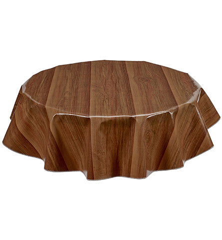 Freckled Sage Round Oilcloth Tablecloth Faux Bois Plank Mahogany