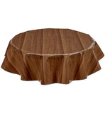 Freckled Sage Round Oilcloth Tablecloth Faux Bois Plank Mahogany