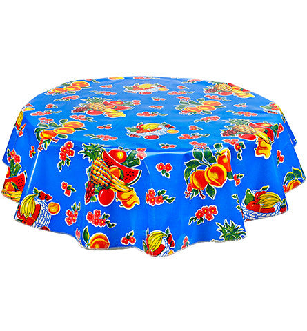 Freckled Sage Round Oilcloth Tablecloth Fruit Basket Blue