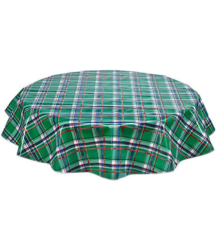 Round Plaid Green, Navy, and Red Oilcloth Tablecloth