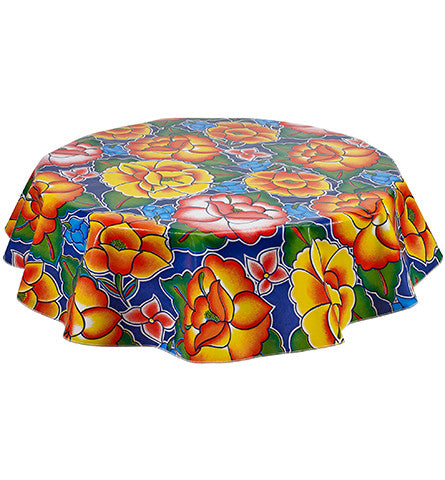 Round Oilcloth Tablecloths in Sage's Garden Navy