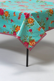 Freckled Sage Oilcloth Tablecloth Rose and Grid Aqua
