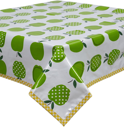 Freckled Sage Oilcloth Tablecloth Green Apples with Dots on white background yellow gingham trim
