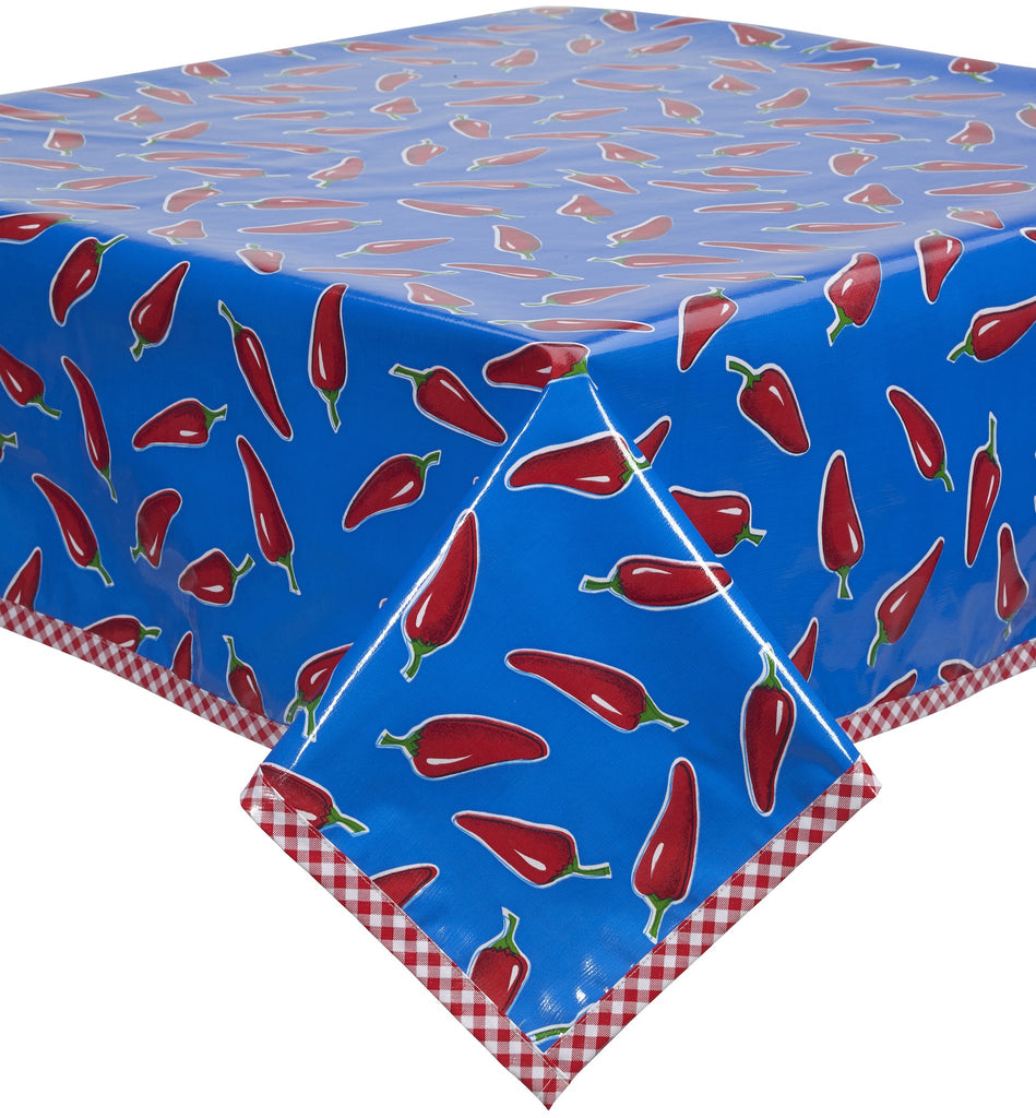 Freckled Sage Oilcloth Tablecloth Chili Peppers on Blue