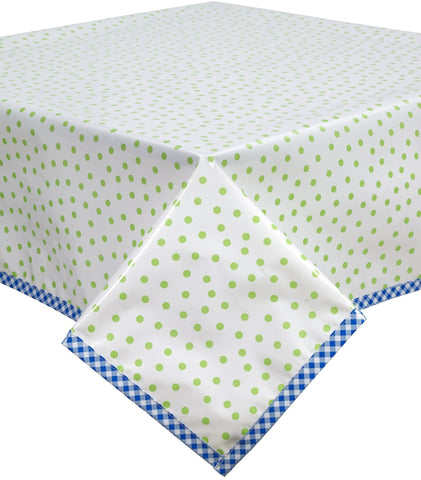 Freckled Sage Oilcloth Tablecloth Lime Dots on solid white with Blue Gingham trim