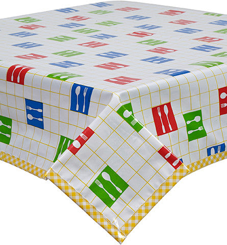 Freckled Sage Oilcloth Tablecloth Forks and Spoons Yellow