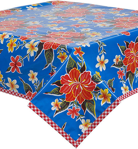 Hawaii Blue Oilcloth Tablecloth with Red Gingham Trim You Pick the Size