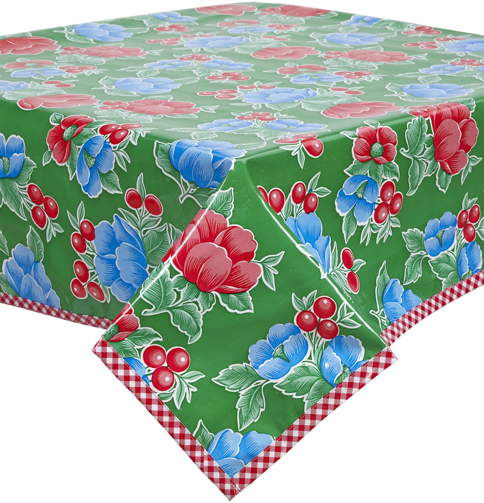 Poppy Green Oilcloth Tablecloths with Red Gingham Trim