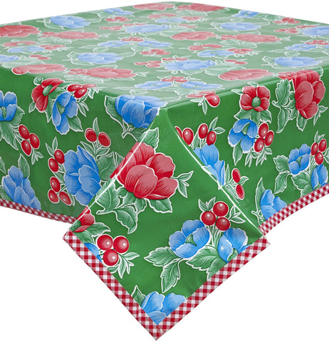 freckled sage oilcloth tablecloth poppies on solid green background with red gingham trim