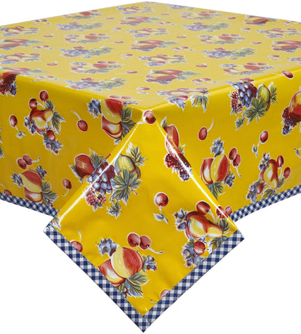 Freckled Sage oilcloth Tablecloth cherries grapes peaches pears on solid yellow with navy gingham trim