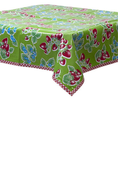 Strawberry Lime Green Oilcloth Tablecloth with Red Gingham Trim
