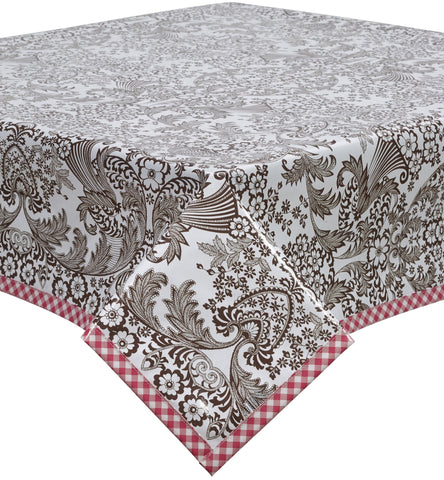 Freckled Sage Oilcloth Tablecloth Brown Toile on white background with pink gingham trim