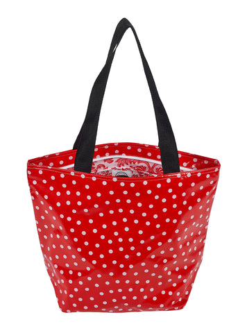 Freckled Sage Oilcloth Zip Tote Bag in White Dot on Red