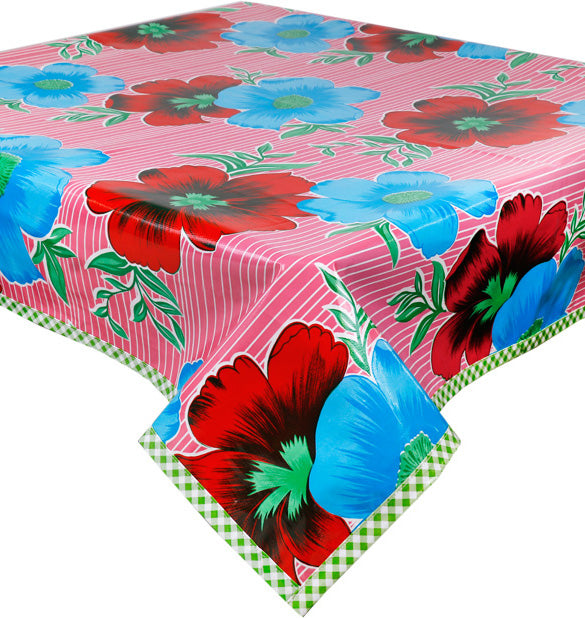 Freckled Sage Oilcloth Tablecloth Flowers and Stripes Pink Square or Rectangular