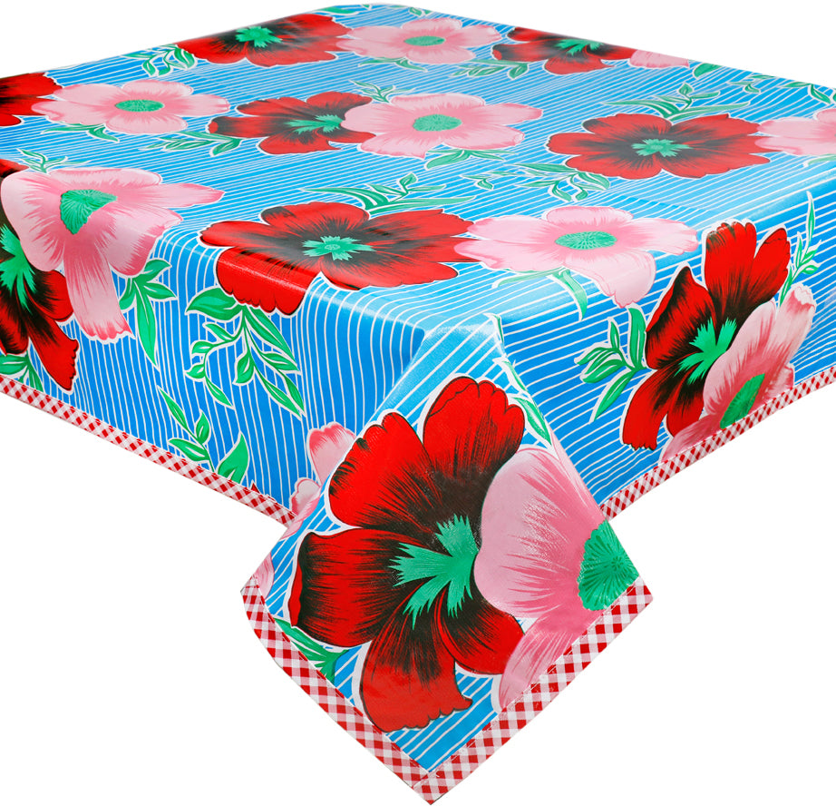 Freckled Sage Oilcloth Tablecloth in Big Flowers on Light Blue