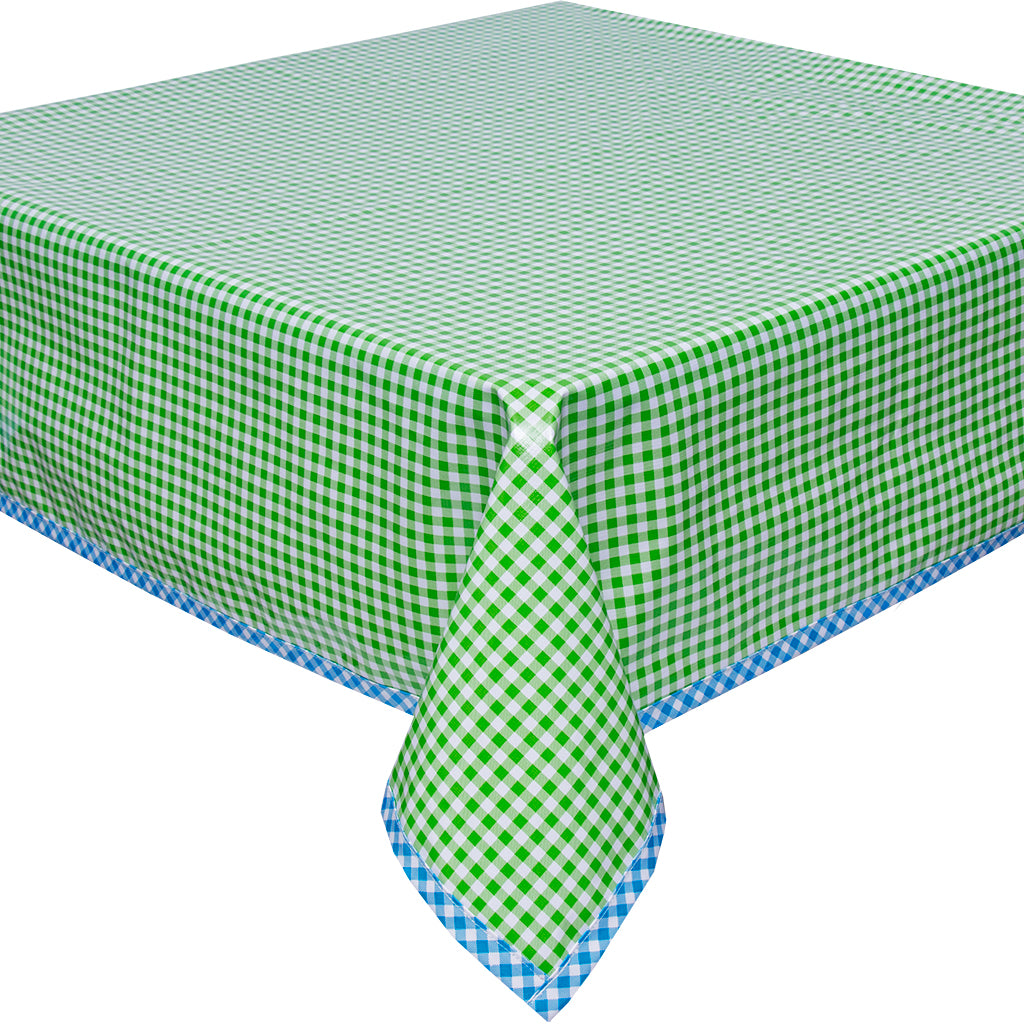 Freckled Sage Lime Gingham Oilcloth Tablecloth with Blue Gingham trim