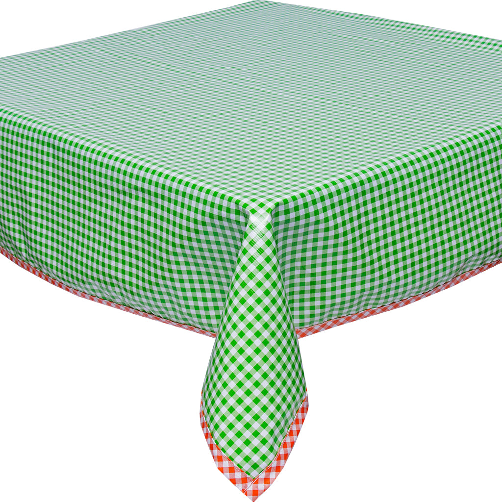 Freckled Sage Lime Gingham Oilcloth Tablecloth with Orange gingham trim