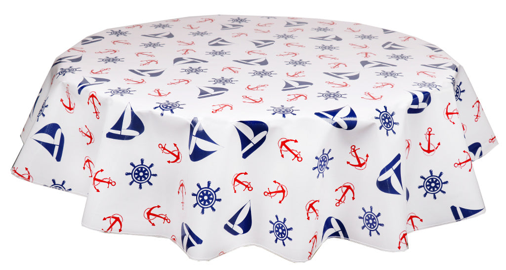 Round Oilcloth Tablecloth in Nautical Red & Navy Blue